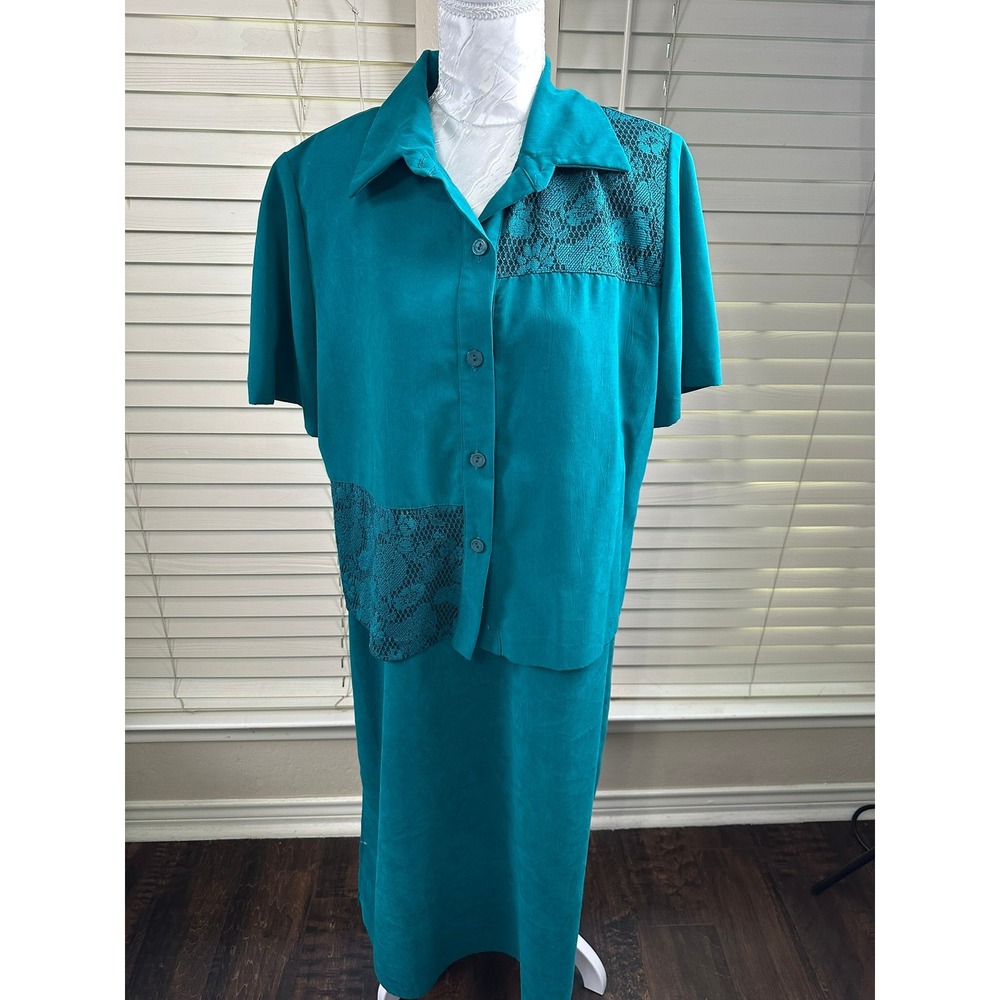 J.I. Collection 2 Piece Dress Set Womens 14WP Teal Lace Overlay Maxi Shirt Set